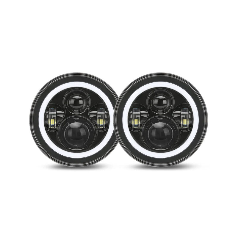 7 inch jeep wrangler led headlights with white halo DRL - pair view showing dual-color halo ring and CREE LED chips