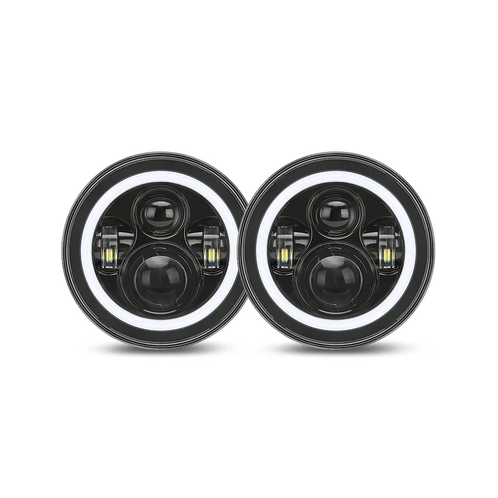 7 inch jeep wrangler led headlights with white halo DRL - pair view showing dual-color halo ring and CREE LED chips