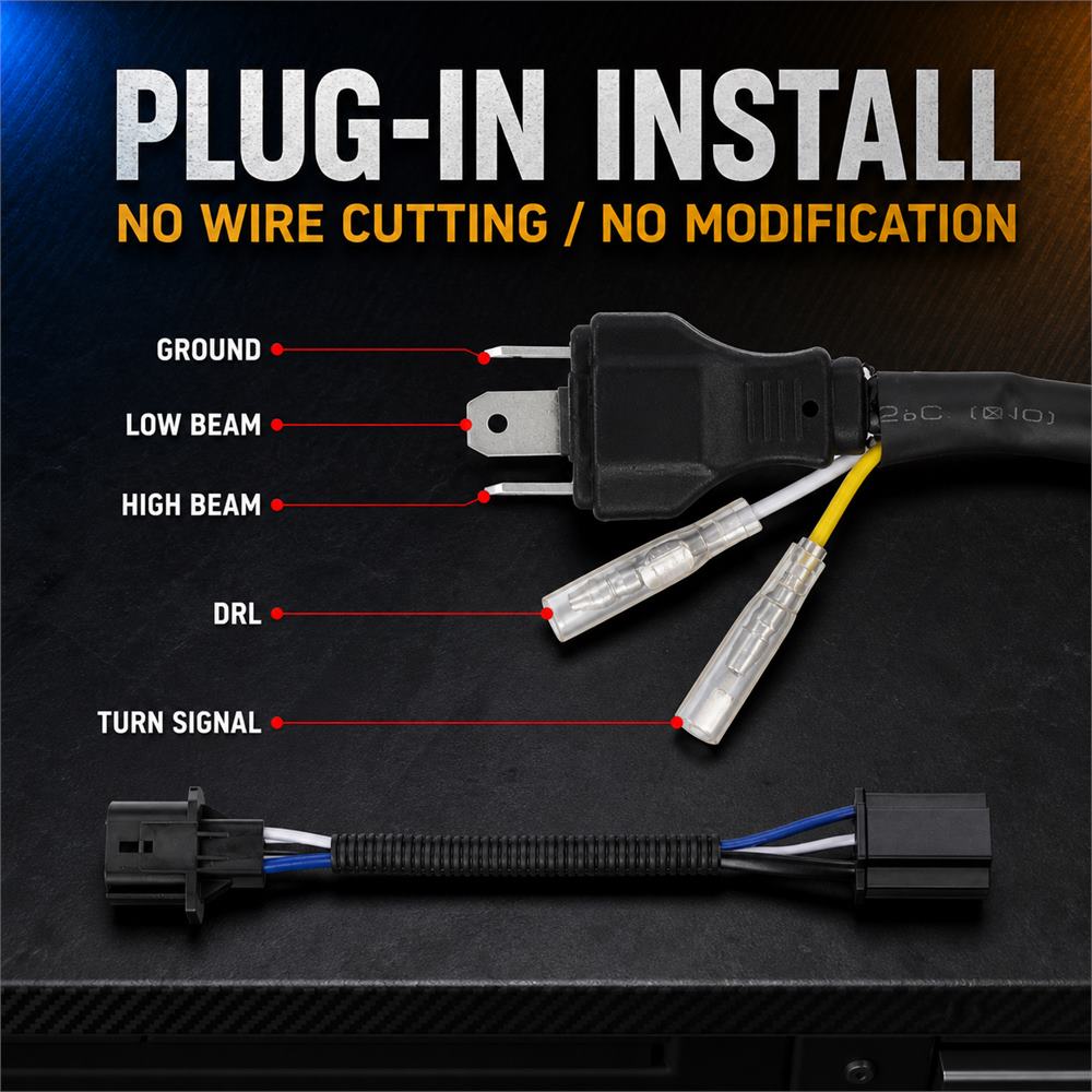 plug and play wiring harness for 7 inch jeep halo headlights showing ground low high beam DRL turn signal pins