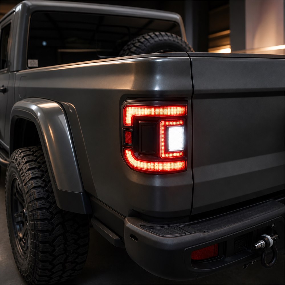 c shape jeep gladiator led tail lights close up red LED matrix white reverse area