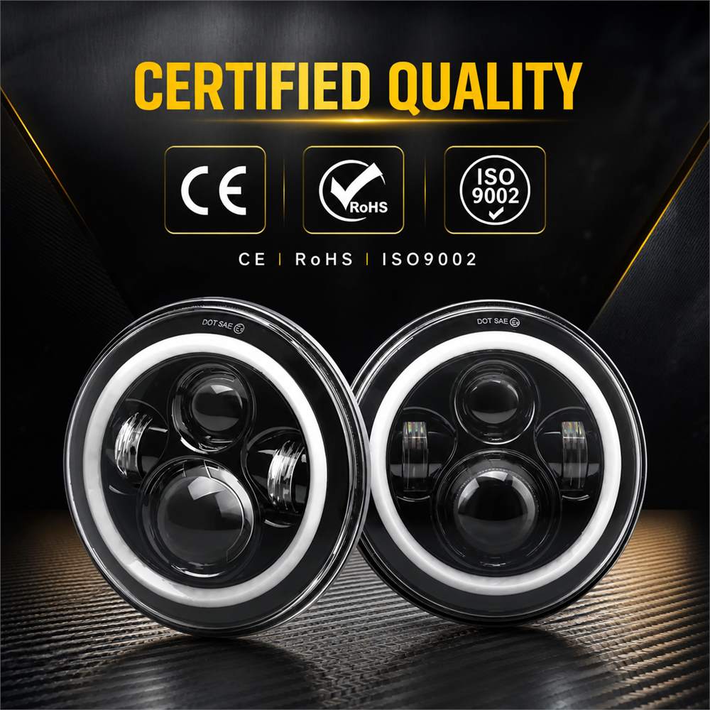DOT SAE CE RoHS ISO9002 certified 7 inch jeep wrangler led headlights pair showing quality marks