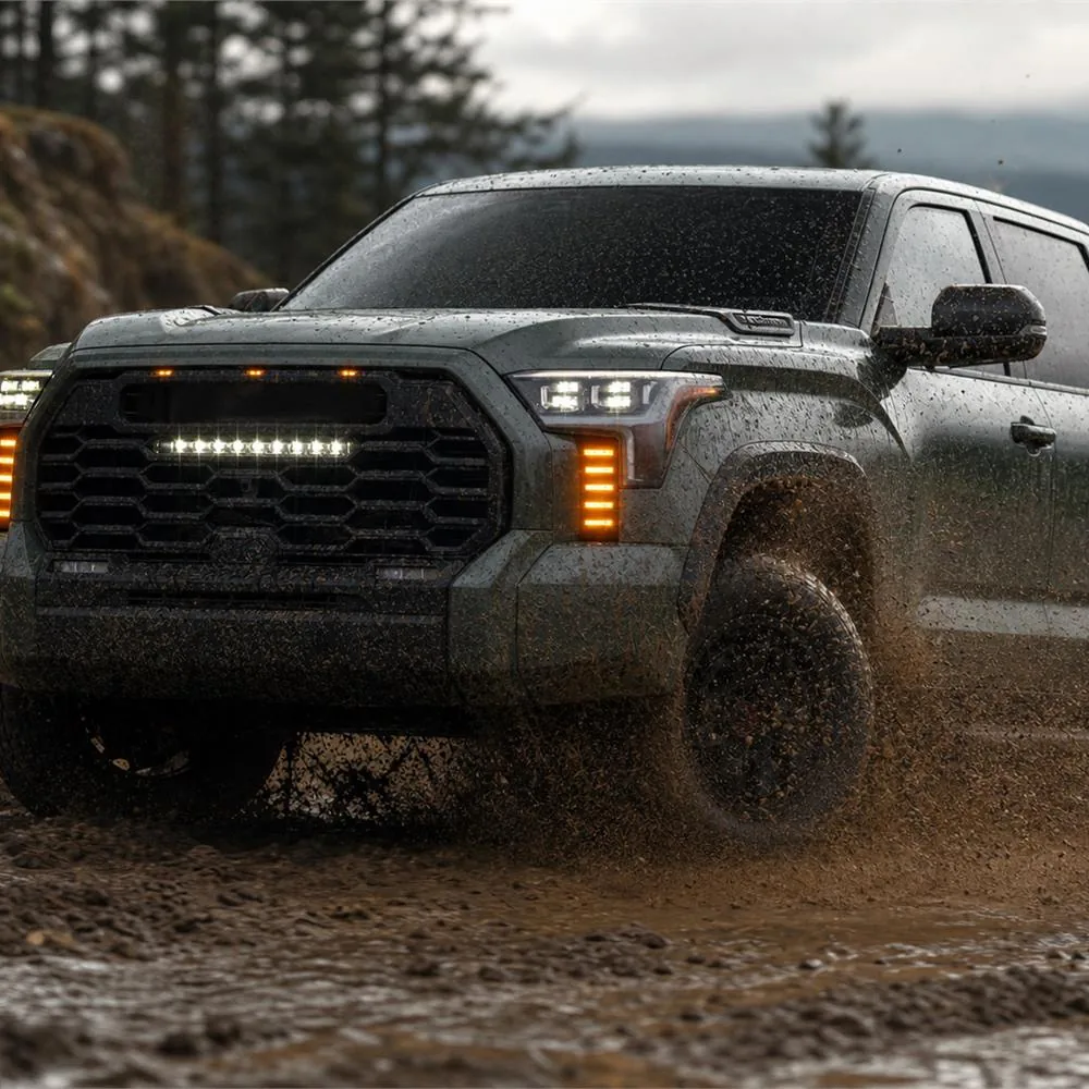 Toyota Tundra driving through muddy water with white headlights and amber vertical vent lights illuminated