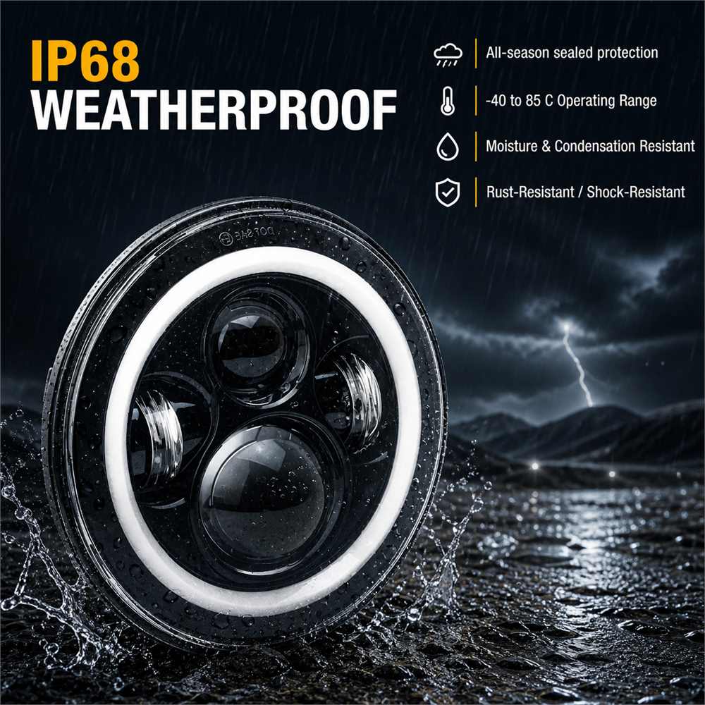 ip68 waterproof 7 inch jeep halo led headlights in rain storm showing all-weather sealed protection