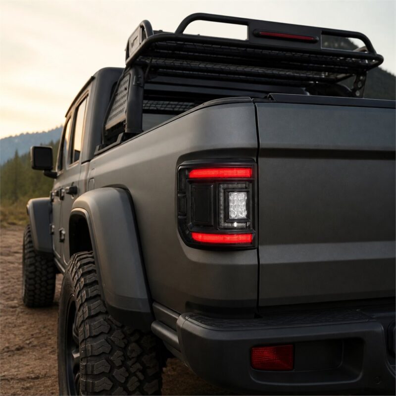 jeep gladiator led tail lights installed on dark gray JT showing flush mount profile with roof rack