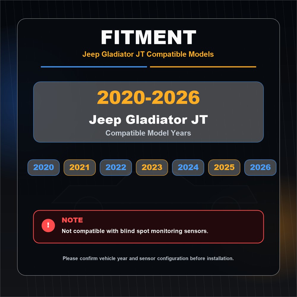 jeep gladiator led tail lights fitment chart for 2020-2026 JT halogen models