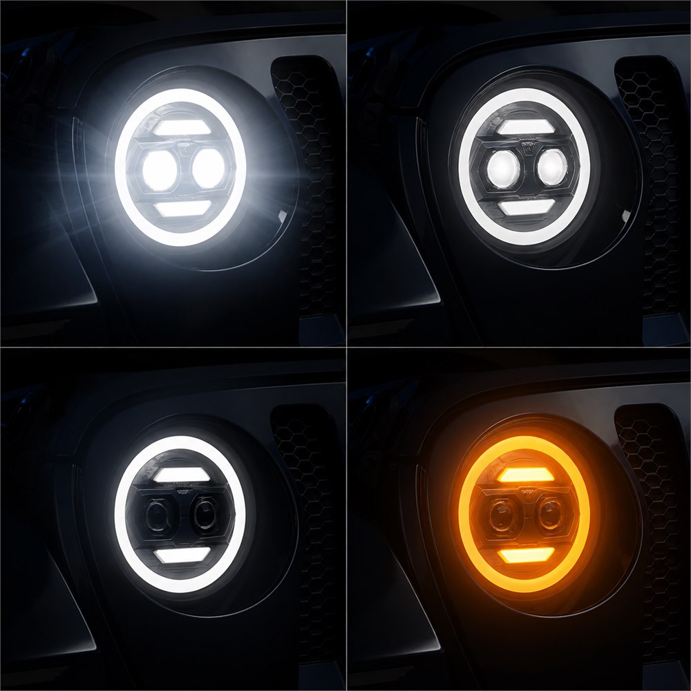 Jeep Wrangler JL headlights showing four lighting modes high beam low beam DRL turn signal