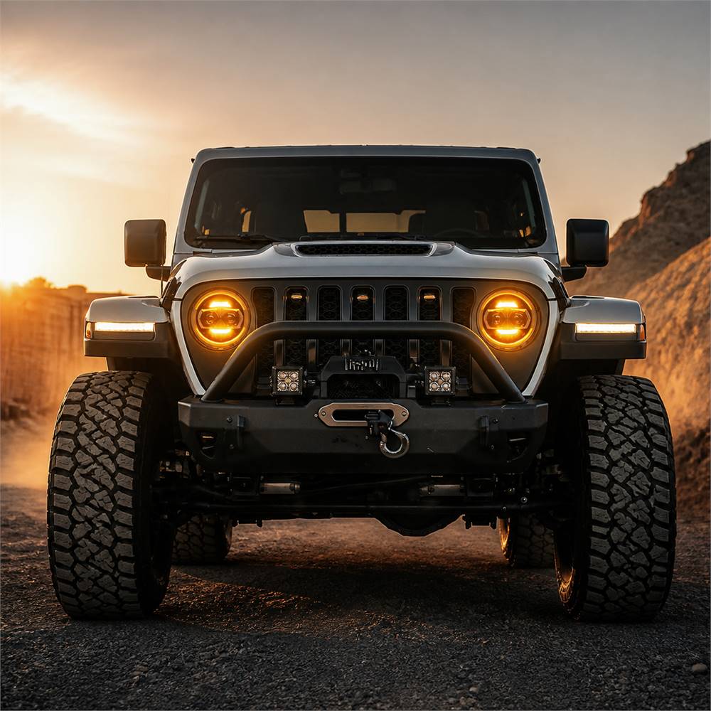 Jeep Wrangler JL headlights amber turn signal illuminated at golden hour sunset