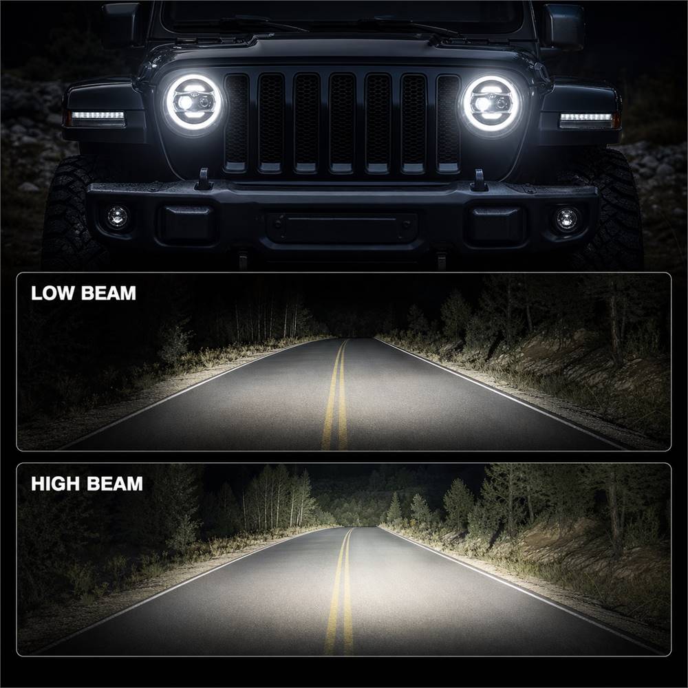 Jeep Wrangler JL headlights low beam vs high beam road illumination comparison