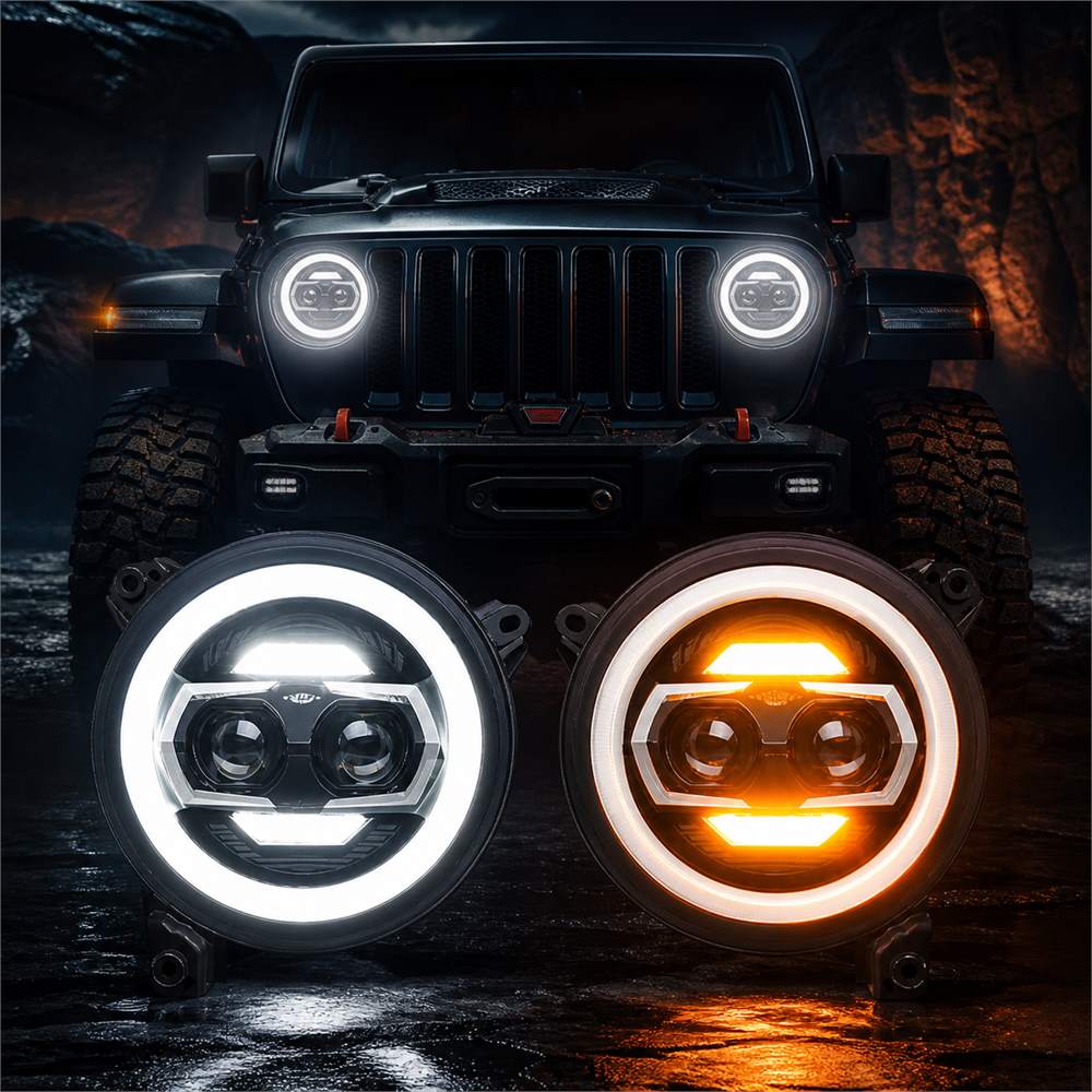 Jeep Wrangler JL headlights with DRL and turn signal on off-road trail at night