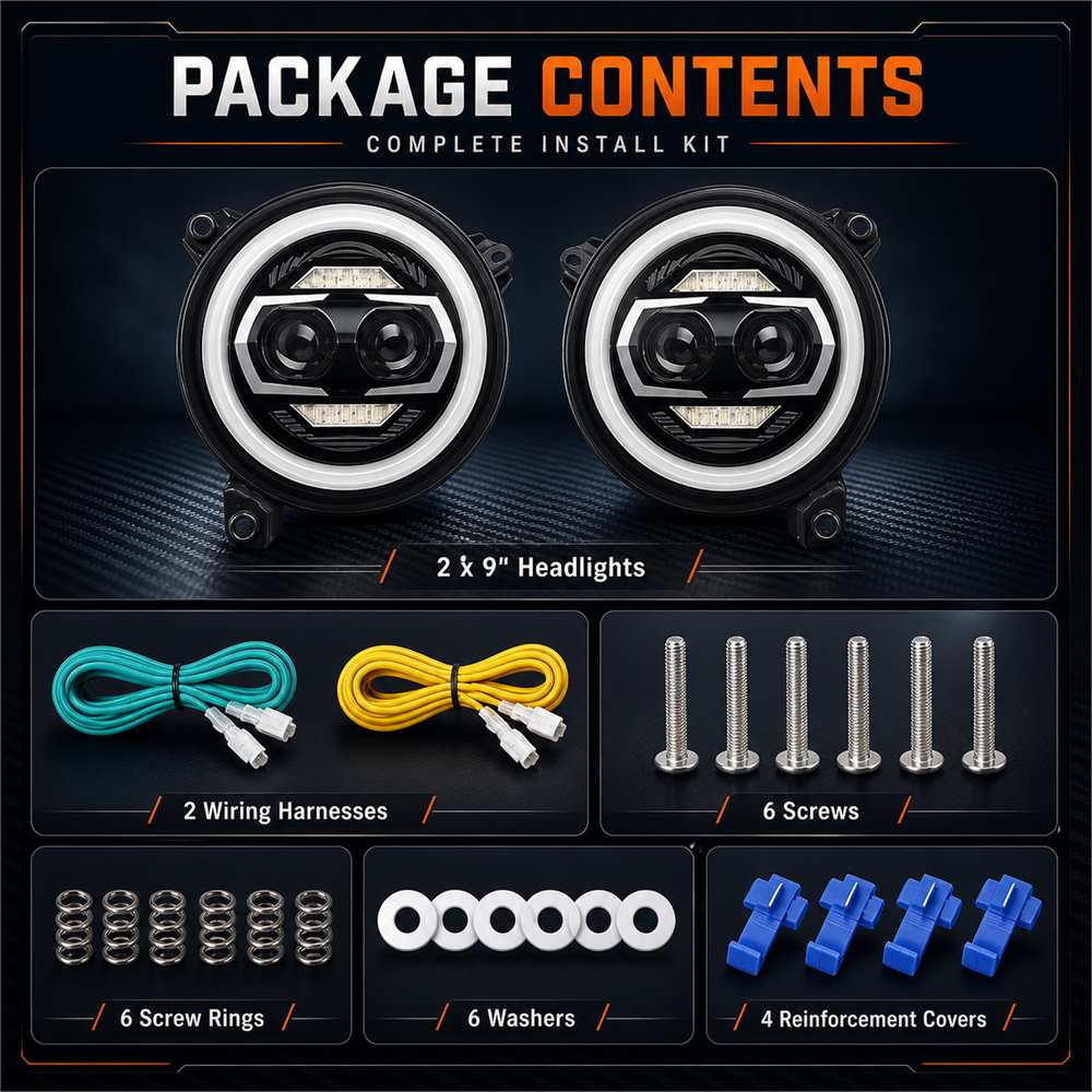 Jeep Wrangler JL headlights complete package contents with wiring harnesses and hardware