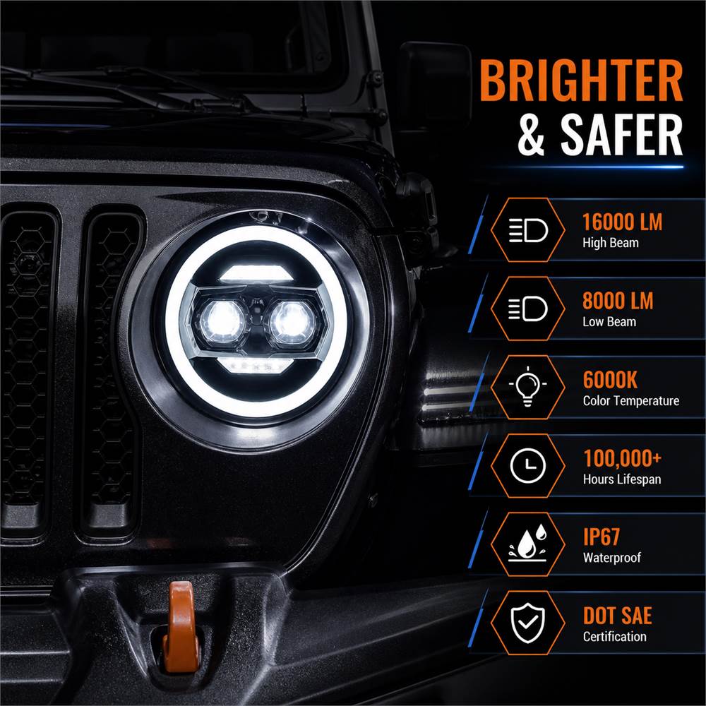 Jeep Wrangler JL headlights performance specs with 16000 LM high beam output