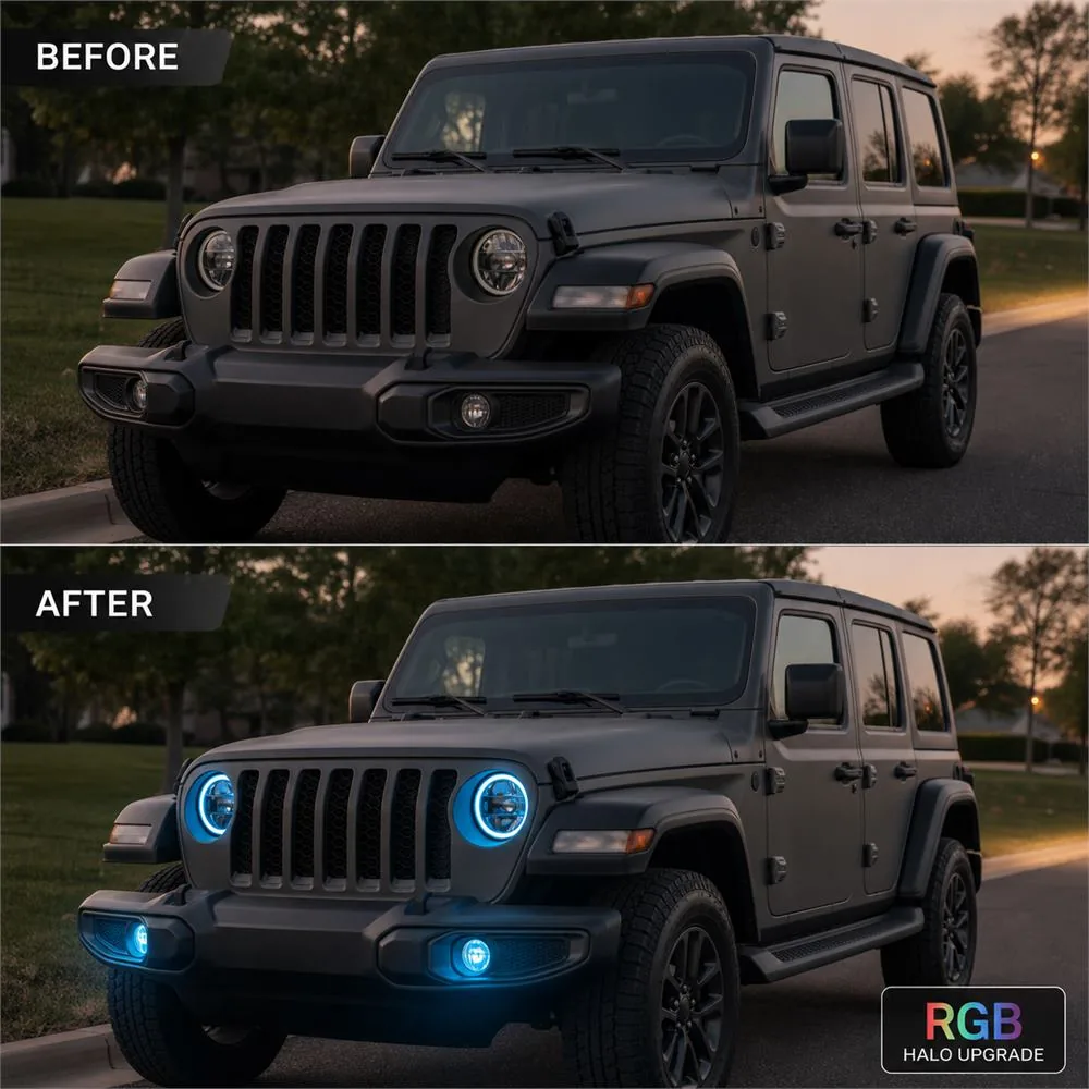 Before-and-after comparison of a gray Wrangler showing blue halos added to both headlights and fog lights