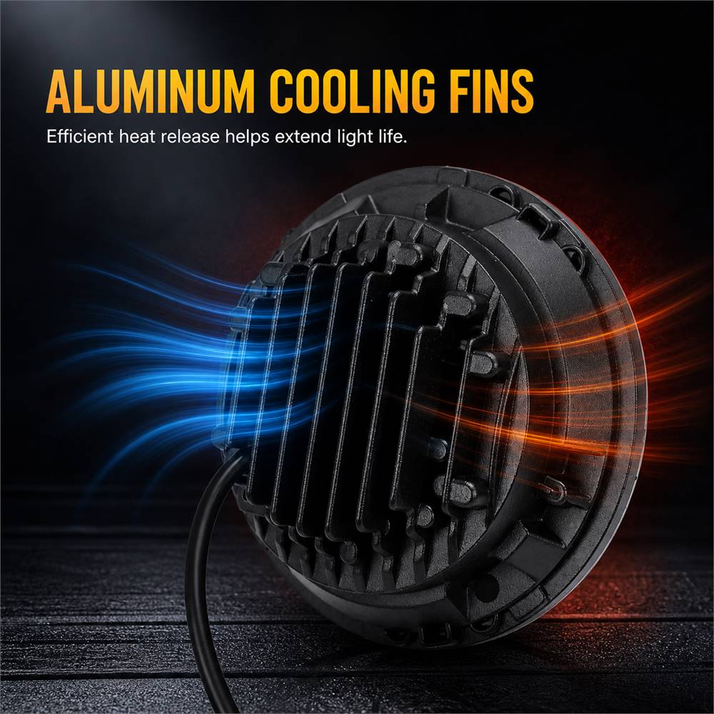 aluminium cooling fins on back of 7 inch jeep wrangler led headlights for heat dissipation and long lifespan