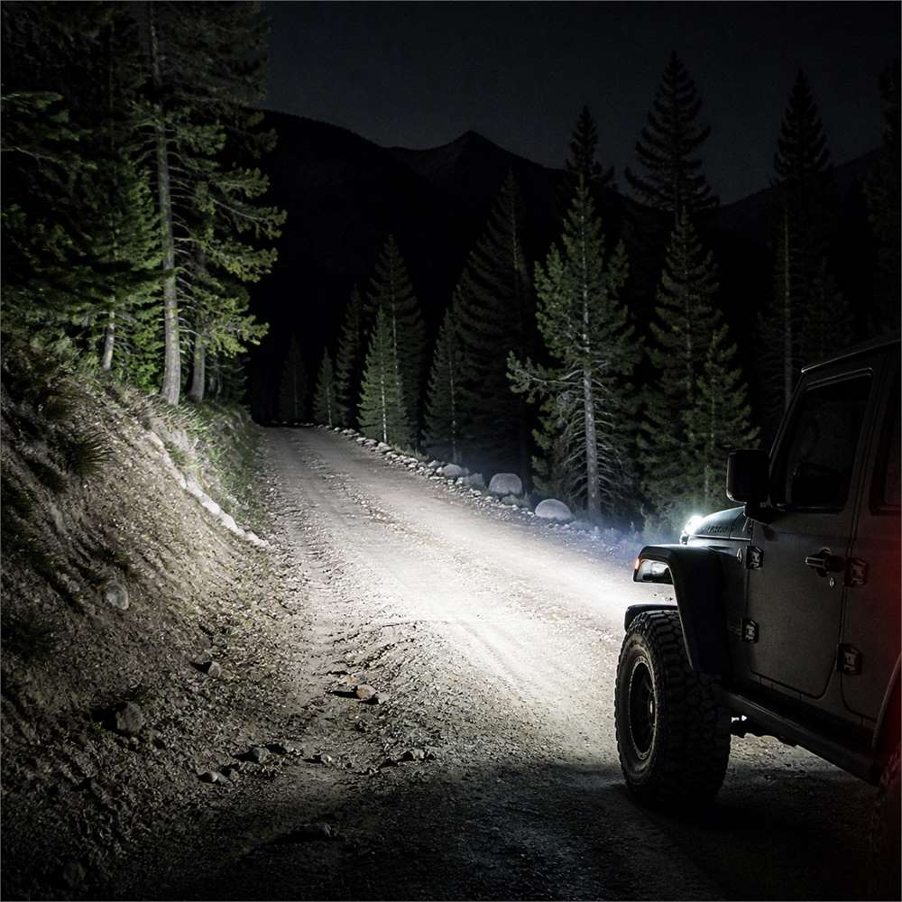 night driving beam test of jeep wrangler led headlights on dirt road showing actual light output