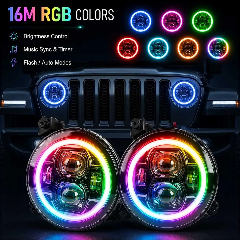 Two multicolor halo headlights in front of a Wrangler with seven sample colors and app features listed above