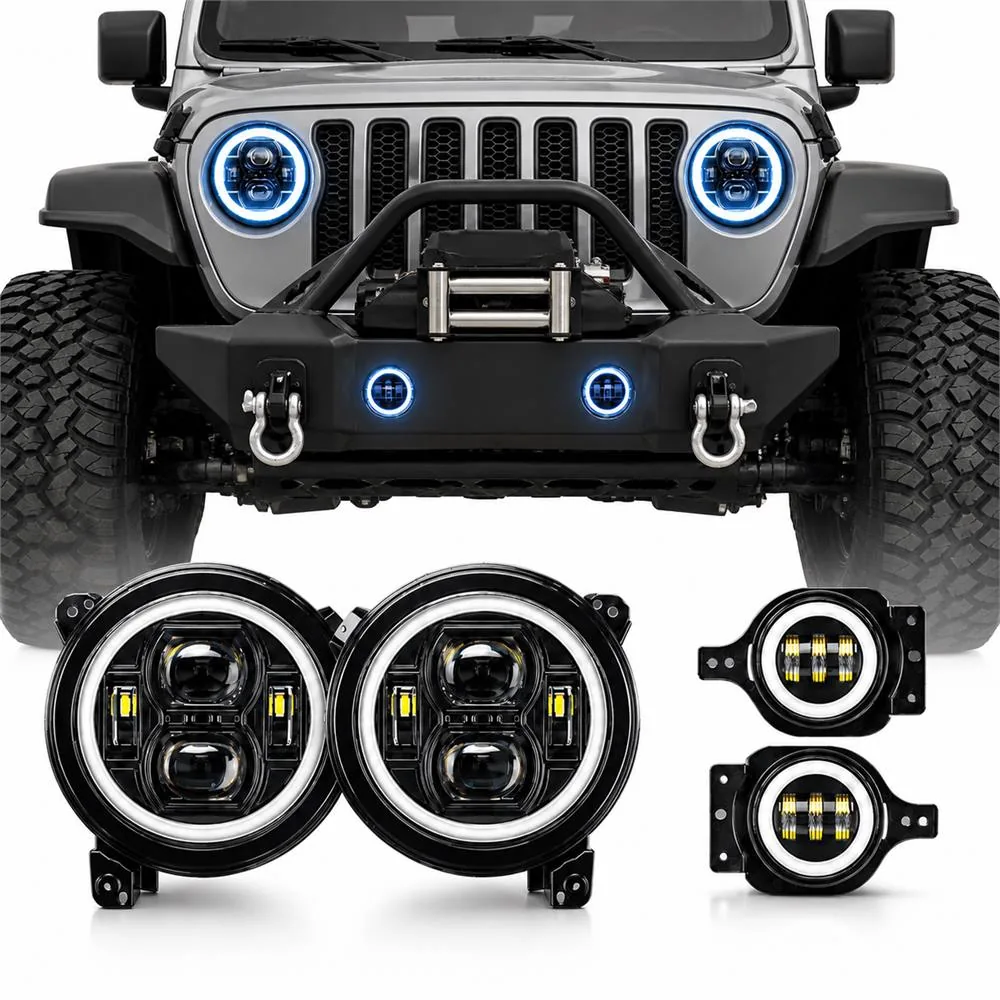 Pair of nine-inch RGBW headlights and two matching fog lights displayed below the front of a Jeep Wrangler