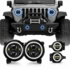 Pair of nine-inch RGBW headlights and two matching fog lights displayed below the front of a Jeep Wrangler