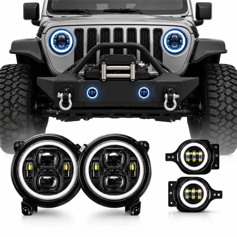 Pair of nine-inch RGBW headlights and two matching fog lights displayed below the front of a Jeep Wrangler
