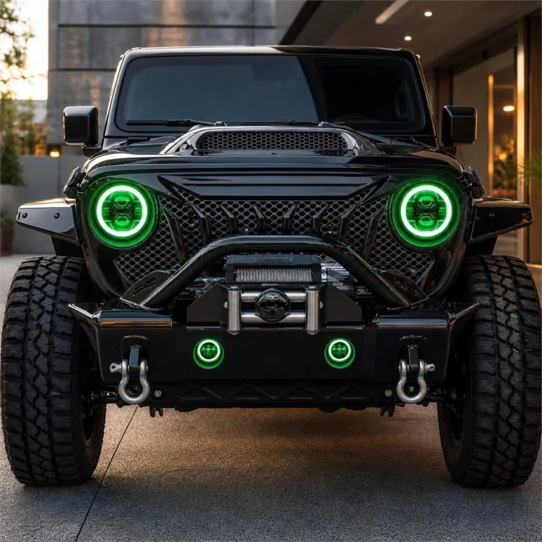 Front view of a black modified Wrangler with synchronized green halos glowing in the headlights and bumper fog lights