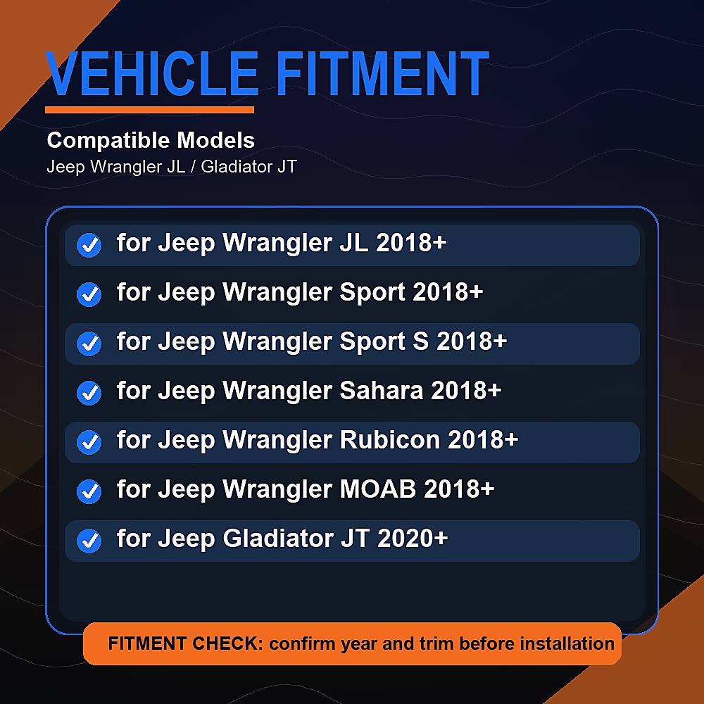 Jeep Wrangler JL headlights fitment chart showing compatible JL and Gladiator JT models