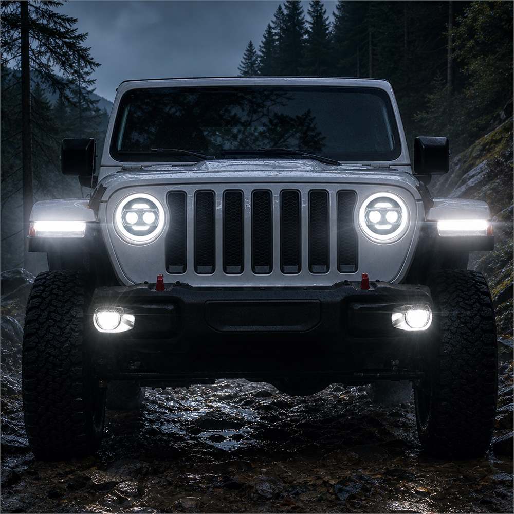 Jeep Wrangler JL headlights white halo DRL on wet muddy trail at night