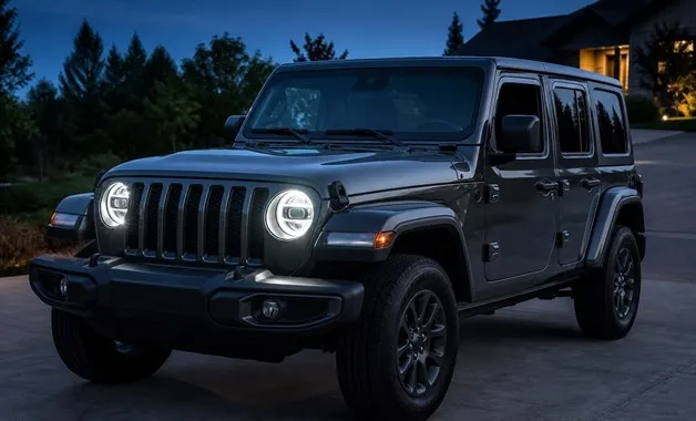 Jeep Wrangler JL with upgraded LED headlights at dusk