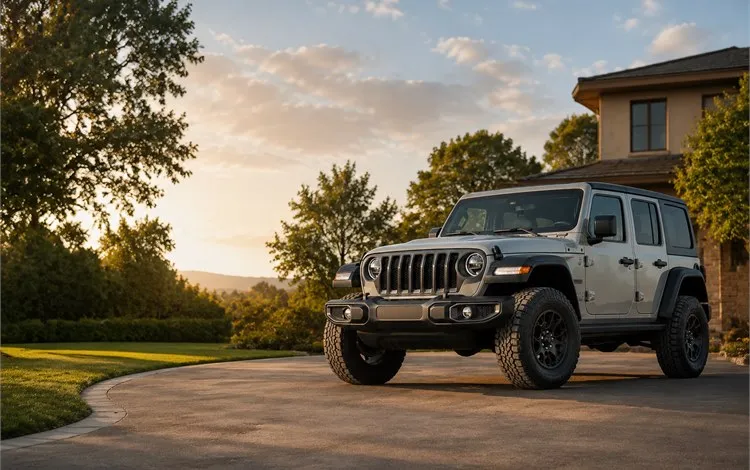 Realistic Jeep Wrangler category banner with a clean warm desert background and open space on the left