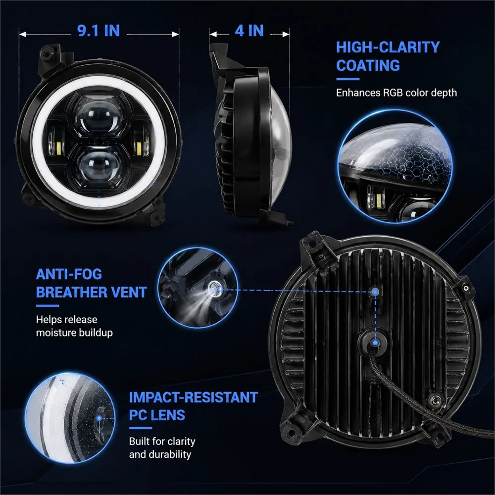 Front side and rear views of a round headlight highlighting the polycarbonate lens moisture-release vent coating and finned housing