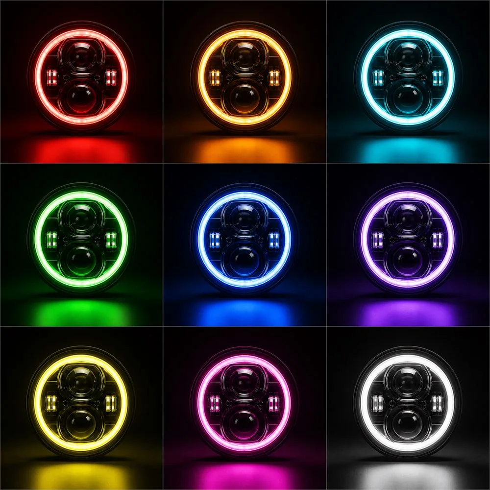 Nine-panel grid showing one projector halo headlight illuminated in red amber cyan green blue purple yellow pink and white