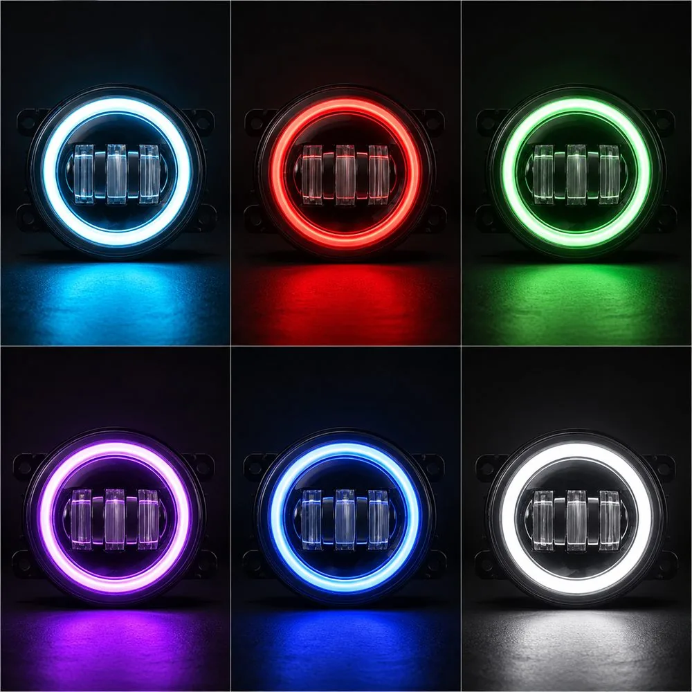 Six-panel grid showing a round fog light halo illuminated in cyan red green purple blue and pure white