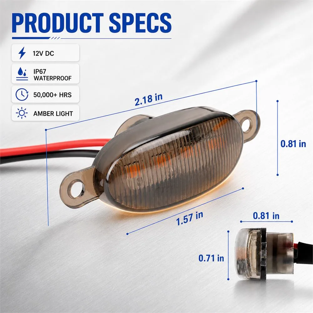Smoked amber LED module dimension diagram showing 12V IP67 and 50000-hour specifications