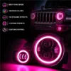 Pink headlight and fog light halos shown with a Wrangler and icons for music sync colors dynamic effects presets and custom control