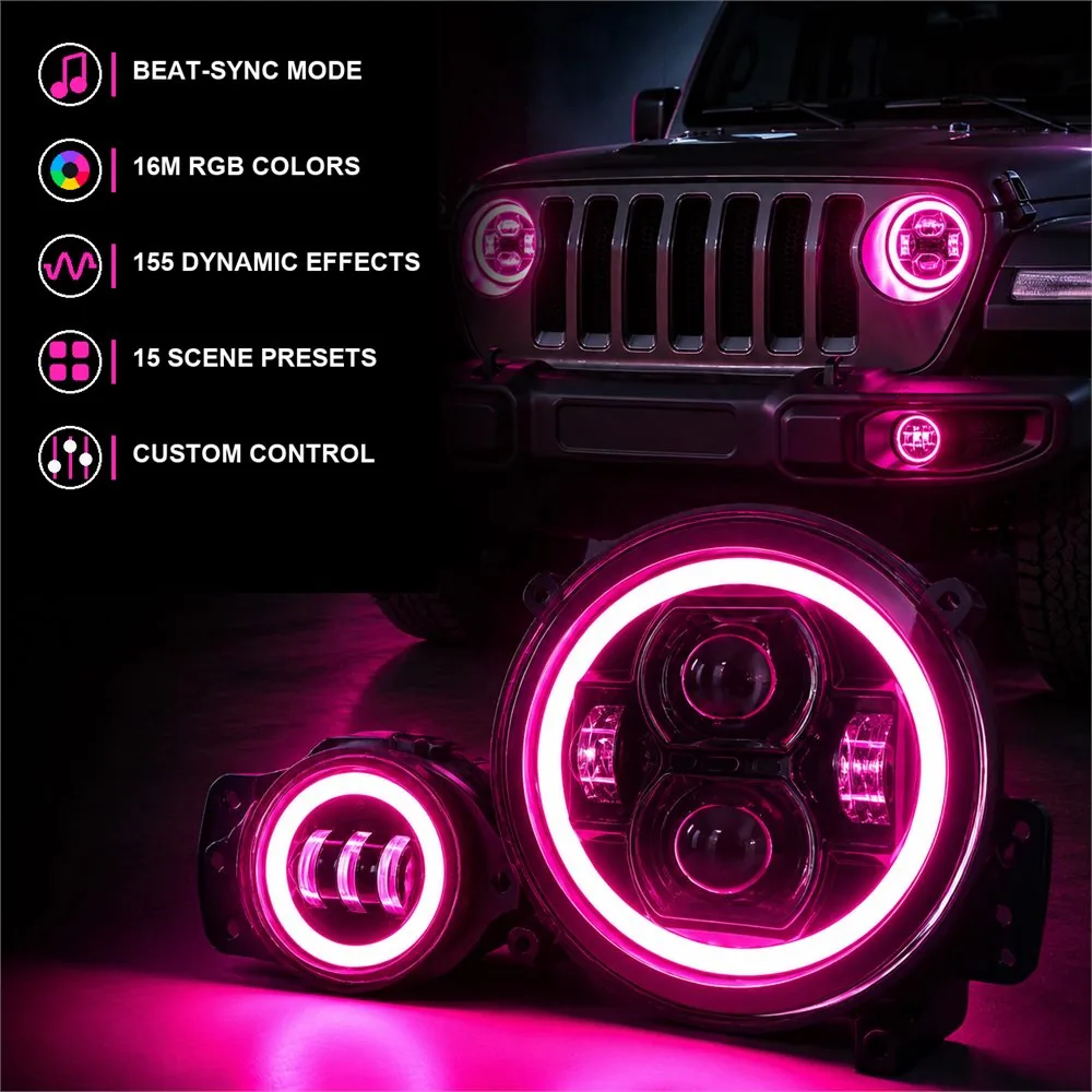 Pink headlight and fog light halos shown with a Wrangler and icons for music sync colors dynamic effects presets and custom control