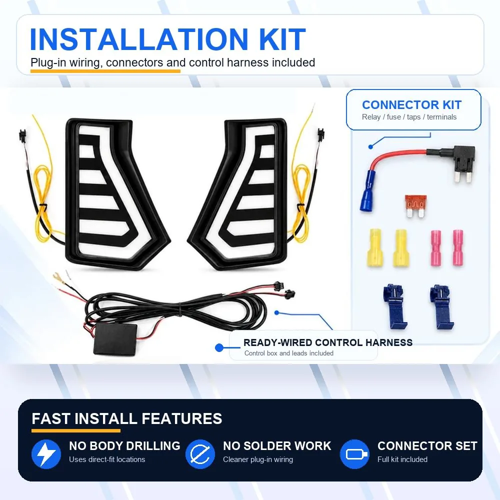 Tacoma fang lights installation kit with pair of lights ready-wired control harness fuse tap terminals and quick-splice connectors