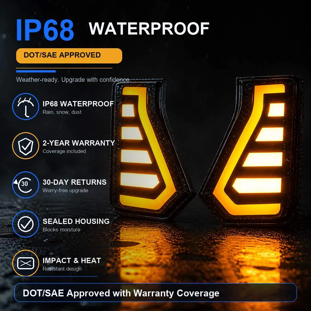 IP68 waterproof Tacoma fang lights illuminated amber in rain with DOT SAE approval 2-year warranty and 30-day return information