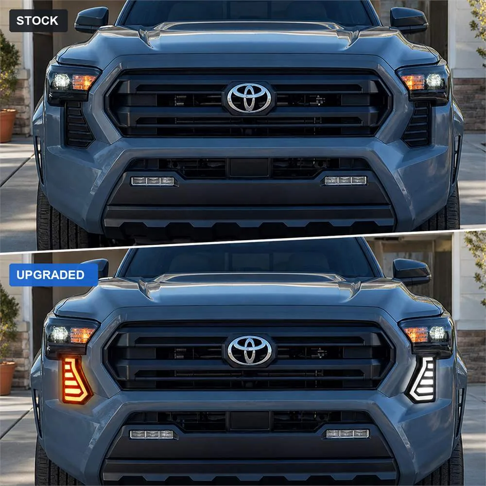 Stock versus upgraded 2024 Toyota Tacoma front view showing fang lights illuminated white and amber in the factory bumper openings