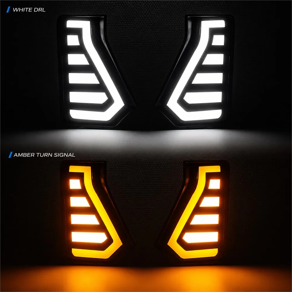 Pair of Tacoma fang lights demonstrating white daytime running light mode and amber sequential turn signal mode