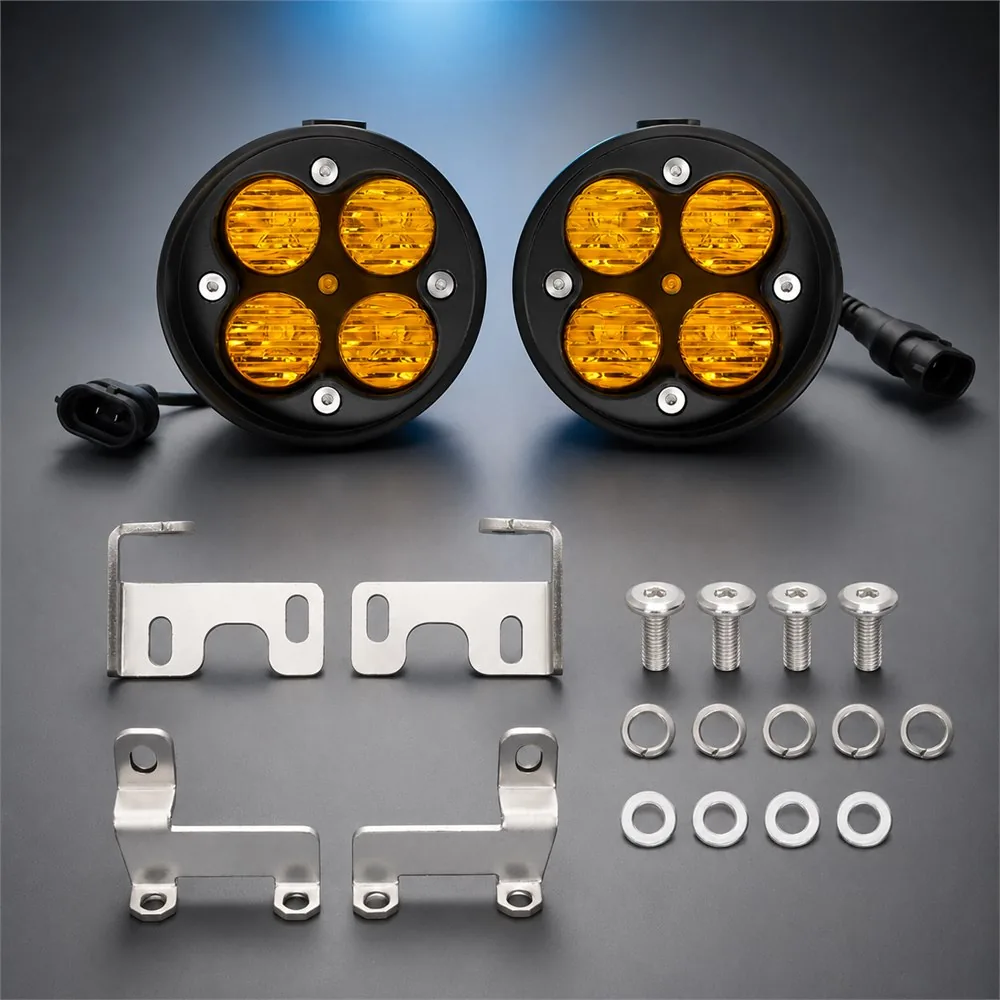 Pair of four-module yellow fog lights arranged with stainless steel mounting brackets screws washers and factory-style connectors