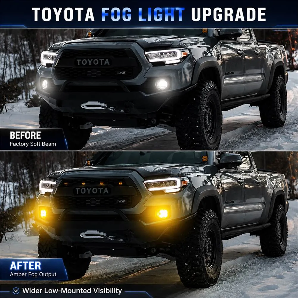 Before-and-after comparison of a gray Toyota Tacoma in snow showing factory fog output above and brighter yellow bumper lights below