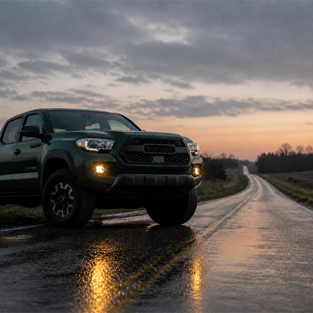 Dark green Toyota Tacoma parked beside a wet rural road at dusk with both yellow fog lights reflecting on the pavement