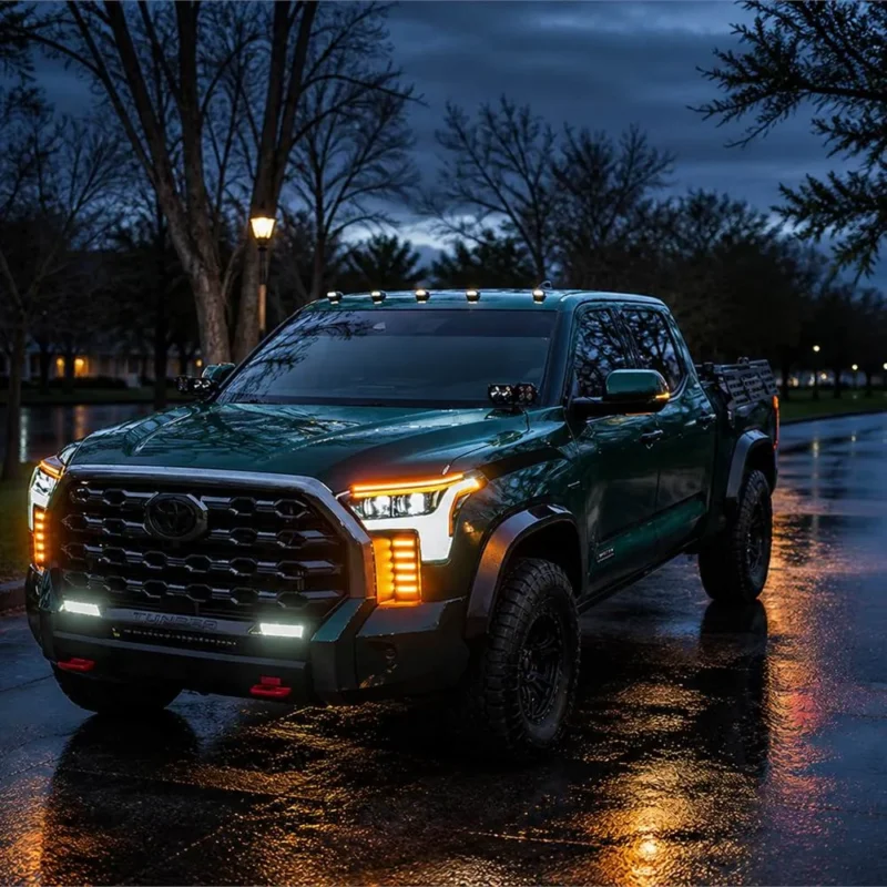 Modified dark green Toyota Tundra parked on a wet road at night with amber vent lights glowing beside both headlights