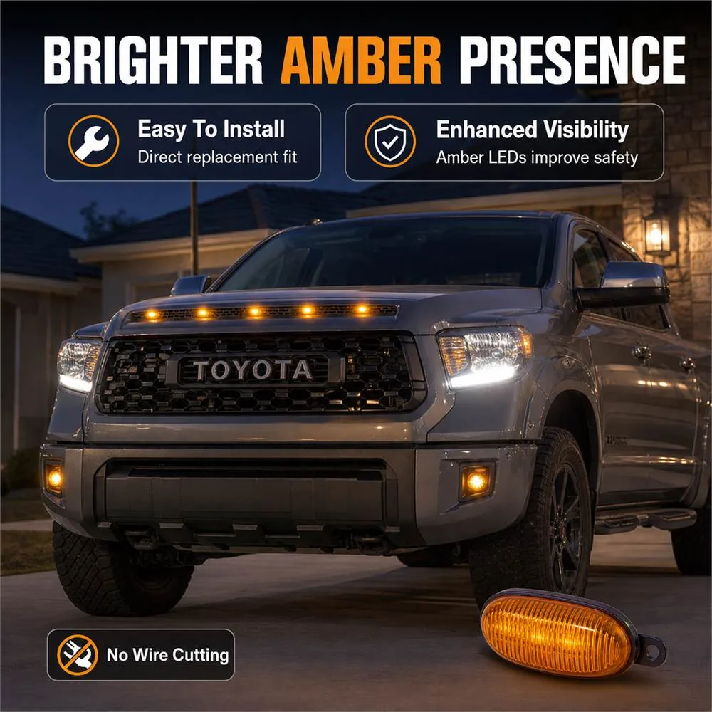 Toyota Tundra parked at night with five amber hood markers illuminated