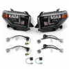 Left and right black Tundra headlight assemblies displayed with multiple factory-fit adapter harnesses