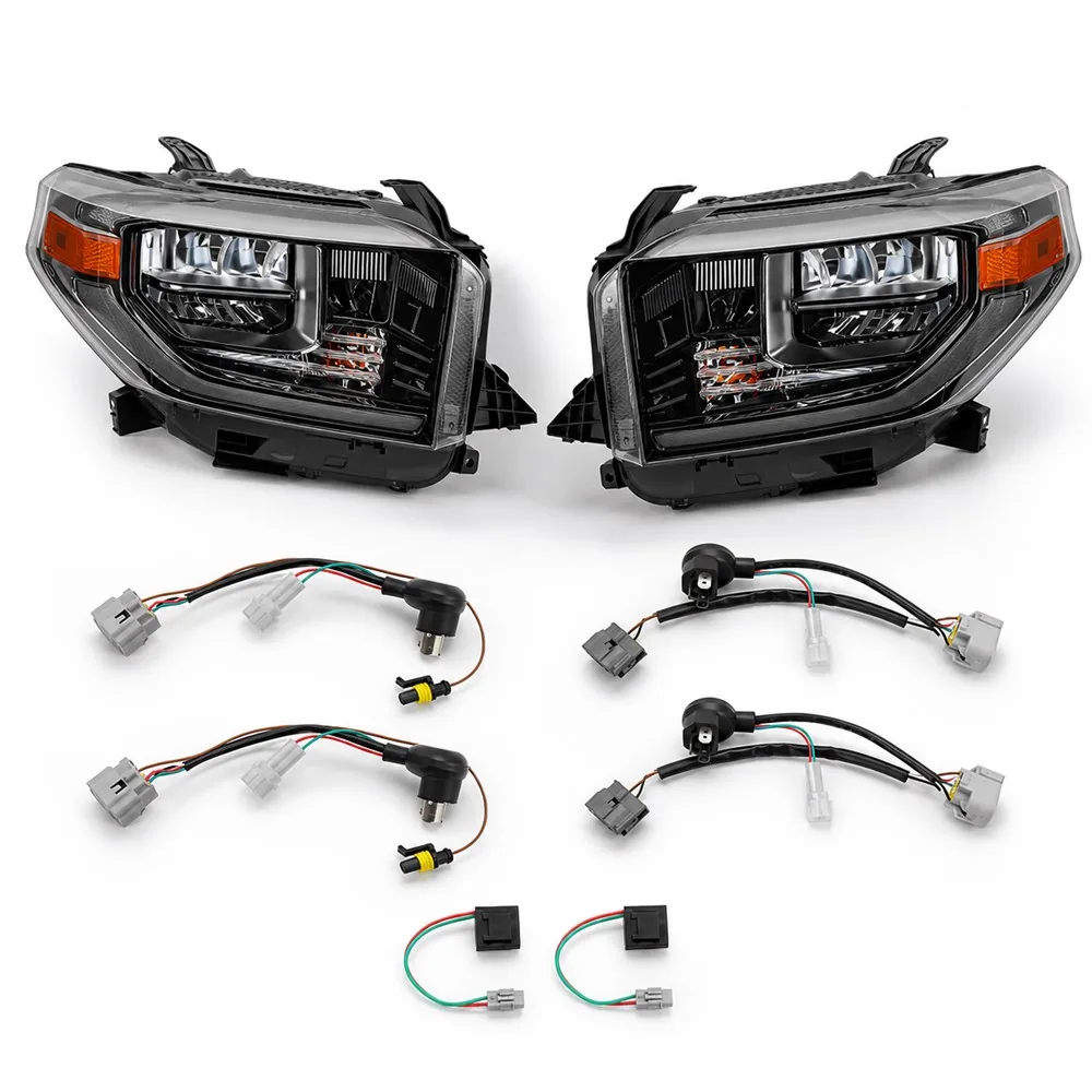 Left and right black Tundra headlight assemblies displayed with multiple factory-fit adapter harnesses
