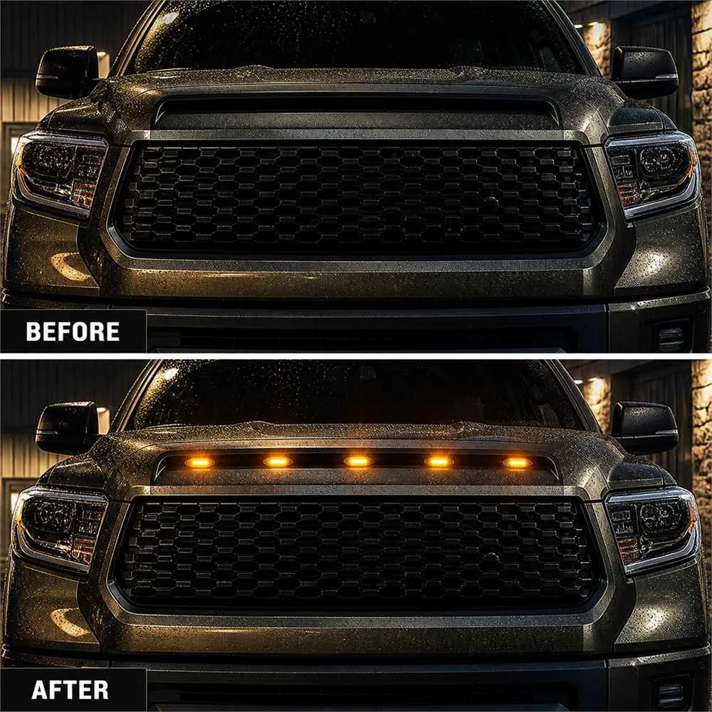 Before-and-after front view showing five amber markers added to the hood scoop