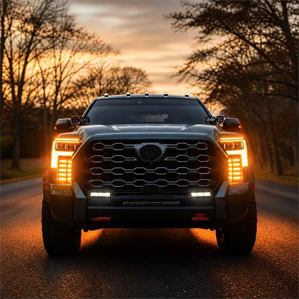 Front view of a Toyota Tundra at sunset with amber headlight accents and both vertical vent light panels illuminated