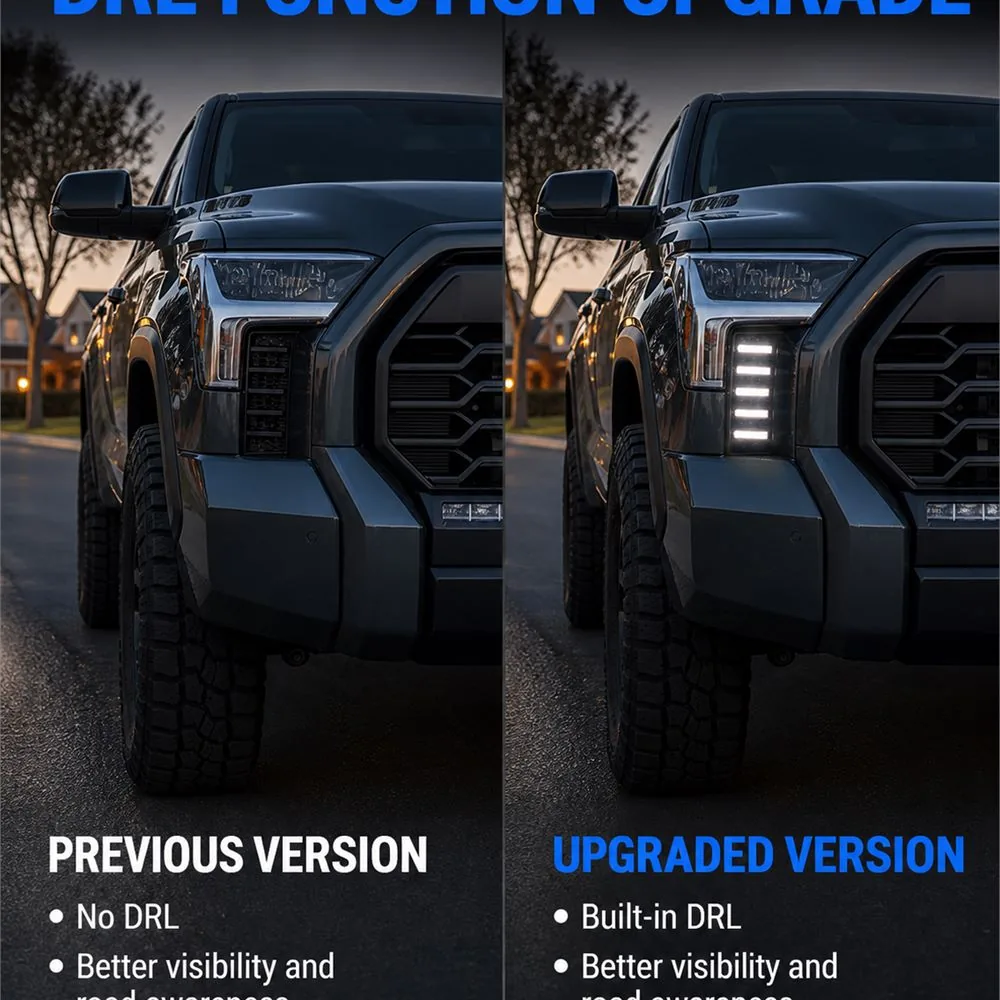 Side-by-side Tundra front corner comparison showing an unlit vent panel and an upgraded panel with five white DRL bars