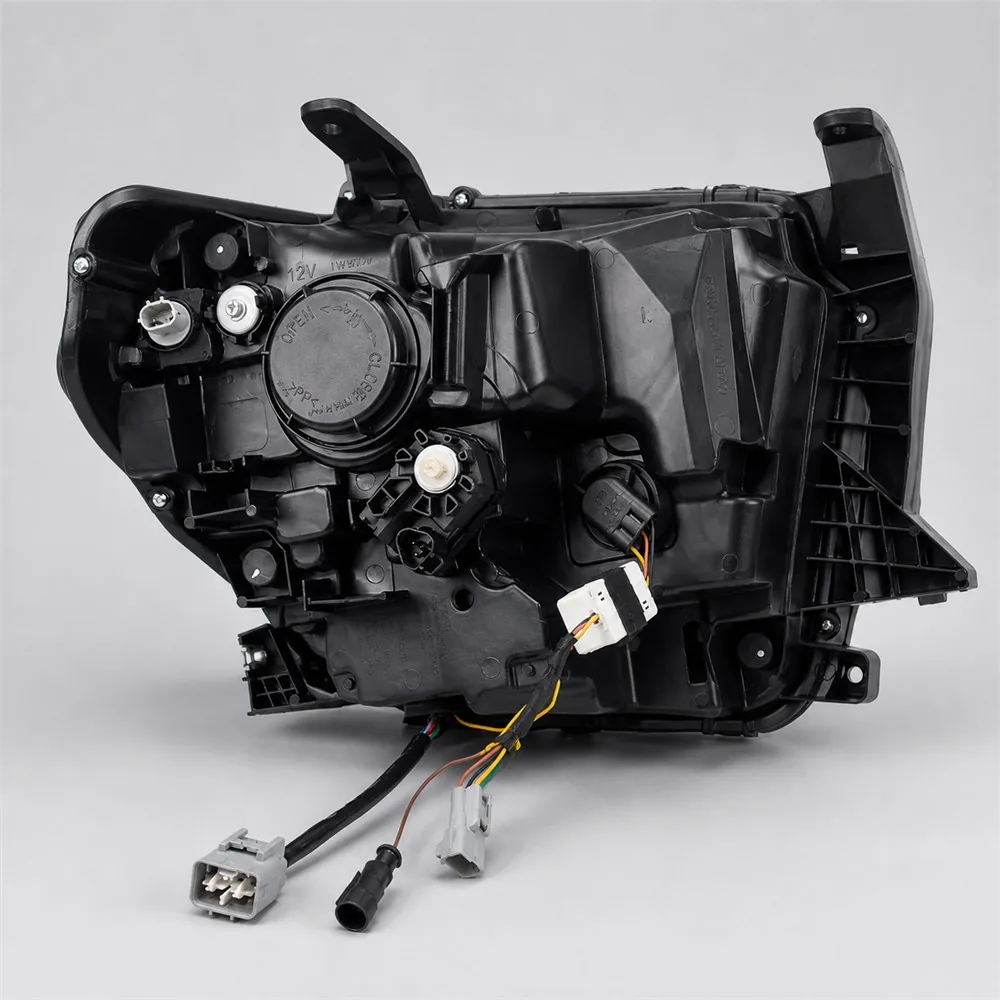 Rear view of a Tundra headlight housing showing mounting tabs bulb access covers adjusters and wiring connectors