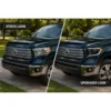 Side-by-side comparison of the factory Tundra headlight and the darker upgraded LED headlight assembly