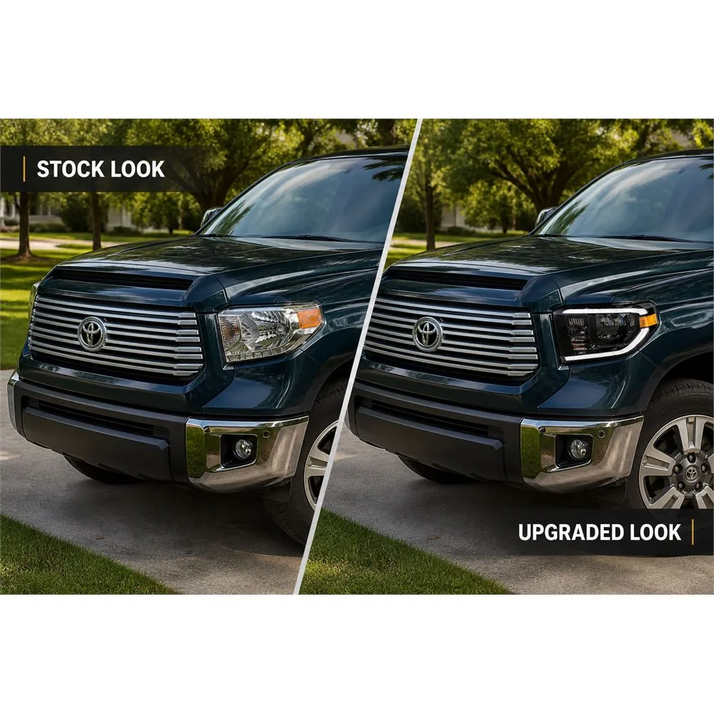 Side-by-side comparison of the factory Tundra headlight and the darker upgraded LED headlight assembly